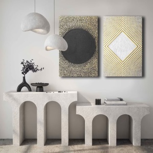 Set tablou decorativ Re-Bloom, 2 piese, model geometric, lemn/panza, auriu/negru/alb, 45 x 70 cm - Img 2