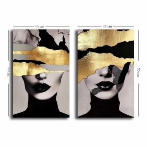 Set tablou decorativ Re-Bloom, 2 piese, panza/lemn, negru/gri/auriu, 45 x 70 cm - Img 2