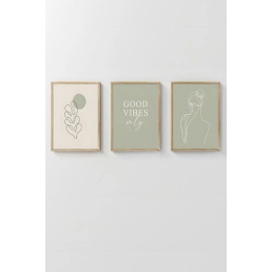 Set tablou decorativ Re-Bloom, 3 piese, lemn masiv/MDF, alb/verde, 33 x 48 cm