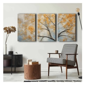 Set tablou decorativ Re-Bloom, 3 piese, lemn masiv/panza, gri/galben, 145 x 70 cm - Img 4