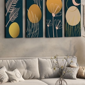 Set tablou decorativ Re-Bloom, 4 piese, panza/lemn, multicolor, 30 x 90 cm
