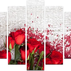 Set tablou decorativ Re-Bloom, 5 piese, MDF/panza, alb/rosu, 60 x 110 cm
