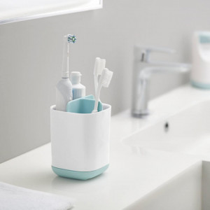 Suport pentru pasta de dinti cu storcator pentru tub Senmil, plastic/metal, alb/albastru, 18 x 9,4 x13,2 