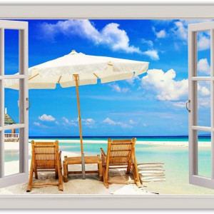 Tablou „Beach Holiday Window”, panza/lemn, multicolor, 40 x 60 x 1,8 cm