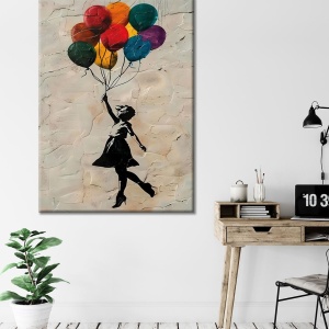 Tablou decorativ canvas model fetita cu baloane, 70x100 cm, panza/lemn, multicolor - Verificat A · Re-Bloom - Img 4