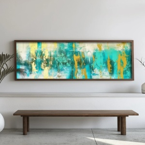 Tablou decorativ MDF/lemn masiv, 40x120x3.5 cm, format panoramic, design modern elegant, albastru/auriu - Verificat A · Re-Bloom - Img 2