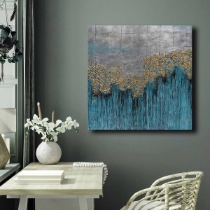 Tablou decorativ Re-Bloom, lemn masiv de pin/panza, gri/auriu/albastru, 70 x 70 cm - Img 3