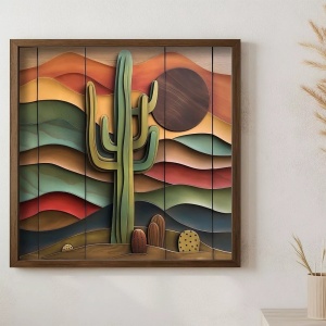 Tablou decorativ Re-Bloom, model cactus, MDF/lemn masiv, multicolor, 50 x 50 x 3,5 cm - Img 2