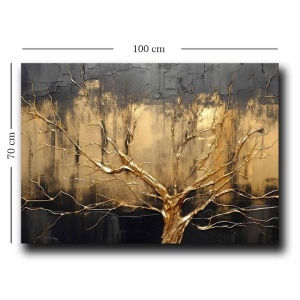 Tablou decorativ Re-Bloom, model copac, lemn/panza, auriu/negru, 70 x 100 cm - Img 4