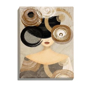 Tablou decorativ Re-Bloom, model femeie, panza/lemn, auriu/gri/negru, 70 x 100 cm