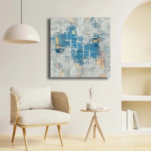 Tablou decorativ Re-Bloom, panza/lemn masiv, albastru/gri/auriu, 69 x 69 cm
