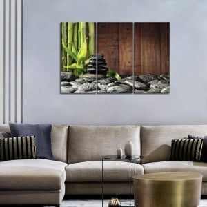 Tablou First Wall Art, 3 piese, panza/lemn, maro/gri/verde, 80 x 40 cm