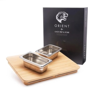 Tocator din Lemn Natural de Bambus, Orient, 2 Recipiente Detasabile din Otel Inoxidabil, 38.5 x 30 cm, Resigilat, Grad A