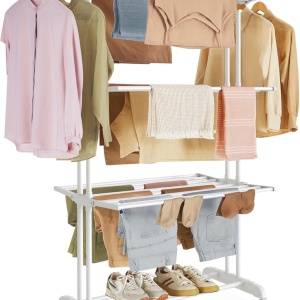 Uscator pentru rufe Songmics, pliabil, plastic/otel inoxidabil, alb, 76 x 49 x 173 cm