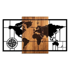 Wallxpert decor de perete model World Map 121x70 cm, lemn 3cm si metal 1.5mm, nuc si negru - Verificat A · Re-Bloom