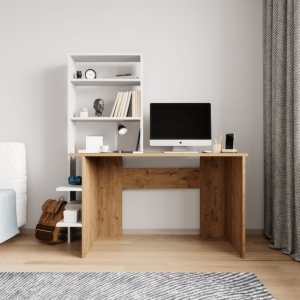 Woody Fashion Ailani birou de studiu + biblioteca, PAL melaminat 100%, birou 120x55x74cm + biblioteca 55x20x150cm, inaltime totala 150cm, natur/alb - Verificat A · Re-Bloom