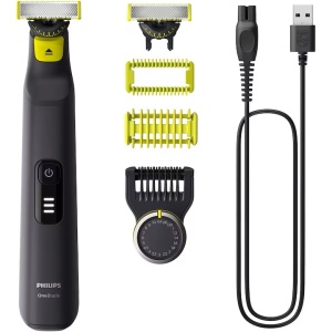 Aparat de ras (0,2mm) si tuns (0,4-10mm) PHILIPS OneBlade Pro QP6542/15, Fata&corp, pieptene cu 14 setari de lungime (0,4-10 mm), 2 accesorii pentru utilizare pe corp, 2 lame 360, 90 min (Li-ion), Resigilat, Grad A
