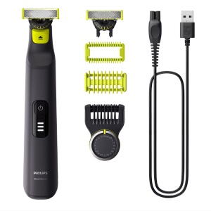 Aparat de ras (0,2mm) si tuns (0,4-10mm) PHILIPS OneBlade Pro QP6542/15, Fata&corp, pieptene cu 14 setari de lungime (0,4-10 mm), 2 accesorii pentru utilizare pe corp, 2 lame 360, 90 min (Li-ion), cablu de alimentare USB-A, Resigilat, Grad A