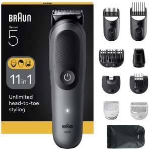 Aparat de tuns multifunctional Braun All-in-One Seria 5 AIO5560, 11-in-1, Lama ultra ascutita, 7 Piepteni, 1 Mini Cap de ras, 1 Cap tuns SkinGuard, 1 Perie de curatare, 1 Saculet, AquaGrip pentru control sub dus, Autonomie 120 minute, Resigilat, Grad A - Img 3