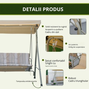 Balansoar de gradina cu baldachin Re-Bloom, otel/poliester/Teslin, 172x110x156 cm, baldachin 168x110 cm, 3 locuri, perne incluse, 210 kg, maro/bej - Verificat A · Re-Bloom - Img 5