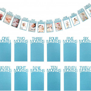 Banner cu rame foto pentru poze cu bebelusi 1-12 luni JINLAIYUN, hartie, albastru, 12,5 x 21,5 cm