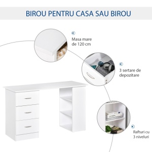 Birou modern cu 3 sertare si rafturi, placi aglomerate, 120x49x72 cm, raft 36.5x24cm + sertar 27.5x33.5x12cm, capacitate 20kg, alb - Verificat A · Re-Bloom - Img 6