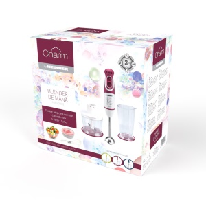 Blender de mana Heinner Charm HB-600BG Putere 600W, 5 viteze, Functie Turbo, Tel, Tocator, Alb/Visiniu - Img 4