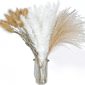 Buchet de 45 fire de pampas uscat Hileyu, iarba uscata, alb/maro, 40 cm