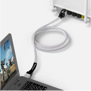 Cablu Ethernet Cat7 Ofnpftth, nailon/metal, alb/negru, 2 m