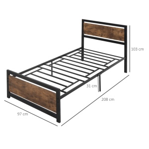 Cadru de pat single stil industrial, otel/MDF, 97x208x103 cm, sipci incluse, capacitate 150kg, negru/maro rustic - Verificat A · Re-Bloom - Img 3