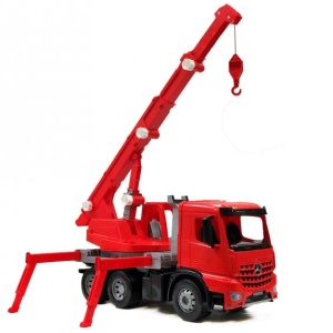 Camion macara pompieri Lena, pentru copii, Mercedes, plastic, rosu/negru