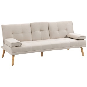 Canapea extensibila 3 locuri Re-Bloom, textil efect in/metal/burete/plop, 181x77x78 cm, pat 181x95.5x38 cm, consola centrala, suport pahare, 3 pozitii spatar, 250 kg, bej/natur - Verificat A · Re-Bloom