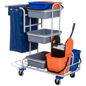 Carucior profesional de curatenie cu 4 galeti 118x73x103 cm, fier/PP/Oxford, tava port-obiecte, storcator inclus, gri - Verificat A · Re-Bloom