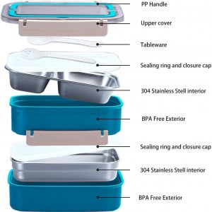 Caserola cu 2 compartimente si tacamuri pentru pranz MELISEN, plastic/otel inoxidabil, albastru, 20 x 14 x 13 cm - Img 3