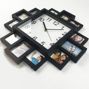 Ceas de perete cu rame foto Genena, lemn/sticla/plastic, negru, 40 x 40 x 4,5 cm - Img 6
