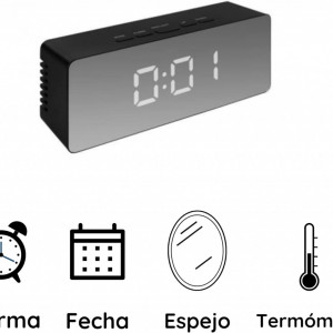 Ceas digital cu alarma Zamnes, USB, desing oglinda, negru, 14 x 6 x 3.5 cm