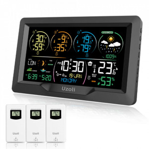 Ceas radio cu informatii meteorologice Uzoli, LCD, baterie, negru, 20,5 x 13 cm - Img 1
