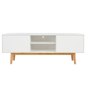 Comoda TV Lindholm, MDF/lemn masiv de stejar, alb/natur, 160 x 59 x 40 cm