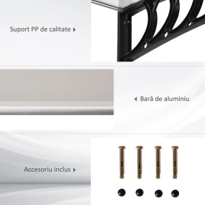 Copertina de exterior curbata, policarbonat 5mm/aluminiu/PP, 90x150x25 cm, suport perete 90x25 cm, transparent/negru - Verificat A · Re-Bloom - Img 4