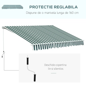 Copertina de soare cu brate reglabile si manivela, aluminiu/poliester, 295cm latime, extensie max 250cm, rola aluminiu 6cm, bara torsiune otel 35x35mm, verde/alb - Verificat A · Re-Bloom - Img 4