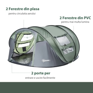 Cort de camping pop-up Re-Bloom, poliester/PE/plasa/fibra sticla, 263.5x220x123 cm, 2 persoane, 2 usi, 4 ferestre, impermeabil, 8 tarusi+4 corzi+husa incluse, verde inchis/gri - Verificat A · Re-Bloom - Img 5