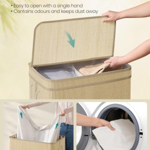 Cos pentru rufe Songmics, 2 compartimente, bambus/MDF/poliester, bej, 57 x 38 x 61 cm, Resigilat, Grad A - Img 4