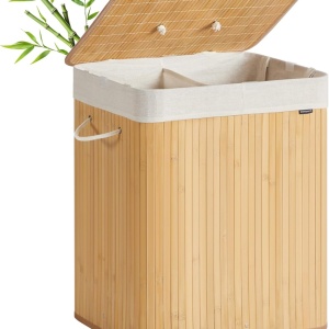 Cos pentru rufe Songmics, 2 compartimente, bambus/textil, natur, 50 x 40 x 61 cm, Resigilat, Grad A