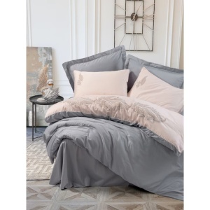 Cotton Box Sheen Grey set lenjerie pat dublu premium, satin bumbac 100% 211TC, 6 piese: cearsaf 240x260 cm + husa pilota 200x220 cm + 2x fete perna tighel 50x70 cm + 2x fete perna Oxford 50x70 cm, broderie, gri - Verificat A · Re-Bloom