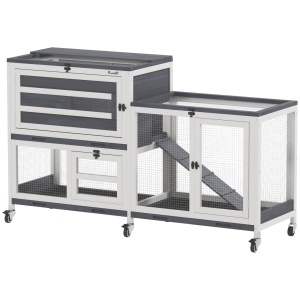 Cusca pe 2 niveluri pentru iepuri Re-Bloom, cu roti, lemn masiv/otel, alb/gri, 147 x 45 x 89,5 cm, Resigilat, Grad A