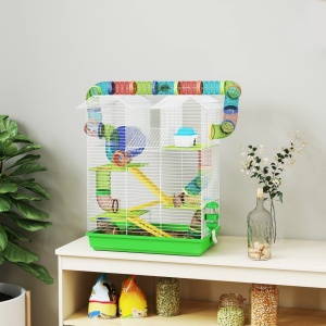 Cusca pentru hamsteri cu 5 niveluri, metal/PP/PS, 47x30x59 cm, tuba colorate, roata Ø13cm, casuta 14x9.5x9.5cm, bol + adapator 75ml incluse, verde - Verificat A · Re-Bloom - Img 2