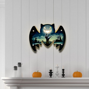 Decoratiune pentru Halloween, LED, model liliac, lemn, negru/albastru, 23,5 x 18 cm - Img 4