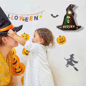 Decoratiune pentru Halloween, LED, model palarie, lemn, multicolor, 23 x 23,5 cm - Img 2