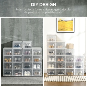 Dulap de pantofi modular, 18 cutii PP transparente, 25x35x19 cm/cutie, usi magnetice, orificii ventilatie, stivuibil, marime max EU43, 8kg, transparent/alb - Verificat A · Re-Bloom - Img 7