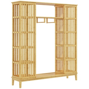 Dulap deschis bambus Re-Bloom, 145x35x165 cm, 2 usi glisante, bara umerase, rafturi deschise, 60 kg, finisaj lemn natural - Verificat A · Re-Bloom